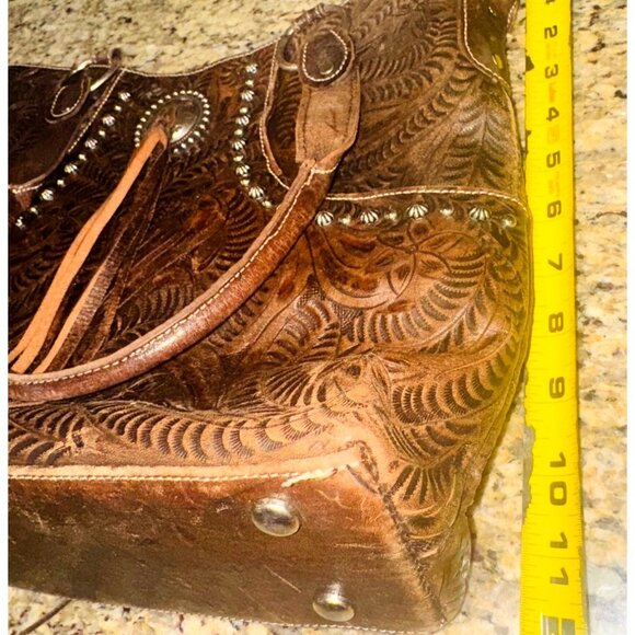 American West Tooled Embossed Brown Leather Bag Concho Accents Fringe Western - Picture 4 of 10